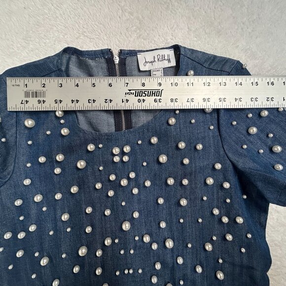 Joseph Ribkoff Pearl Embellished Denim Shift Dress Size 4 Short Sleeve Mini Blue - Picture 5 of 7